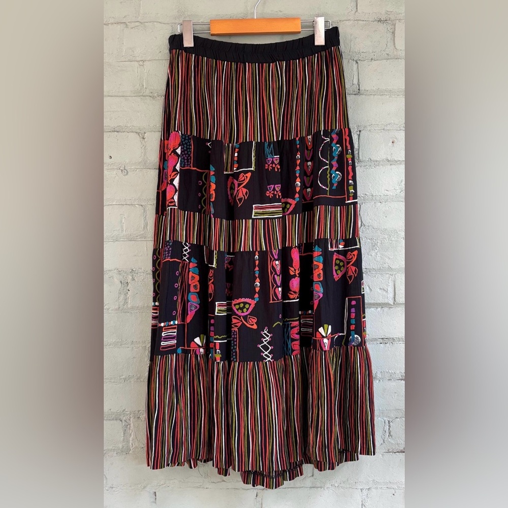 Vintage Black Maxi Skirt with Multicolor Stripes and Abstract Panels